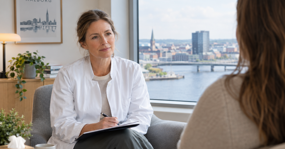 Psykiater i Aalborg under en professionel samtale i en moderne klinik med udsigt over Aalborg.