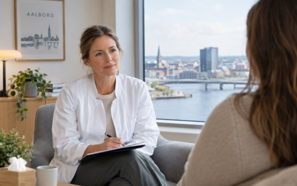 Psykiater i Aalborg under en professionel samtale i en moderne klinik med udsigt over Aalborg.